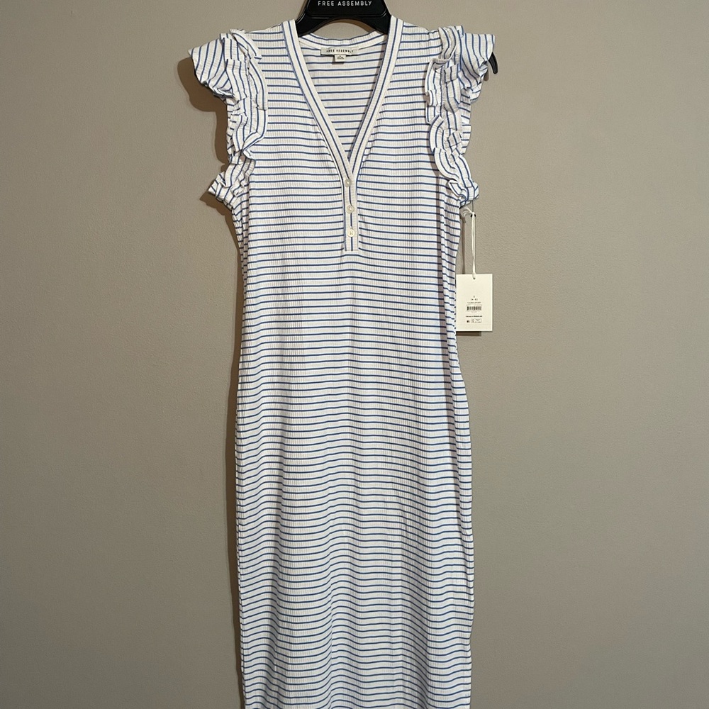 Free Assembly Striped Ruffle-Sleeve Midi Dress - White & Navy Small BNWT